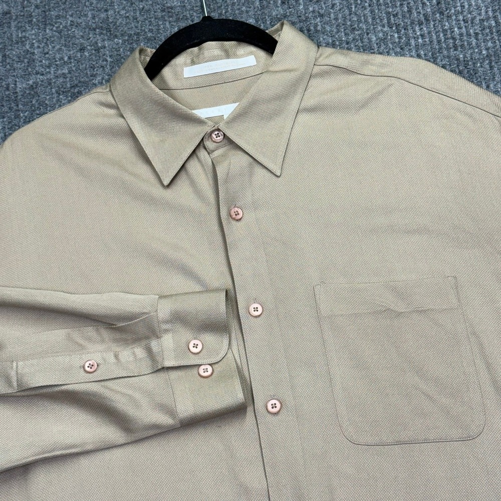 Perry Ellis Mens XL 100% Silk Long Sleeve Button Down Shirt Tan Dress Shirt